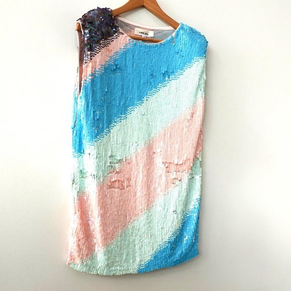Sequin Dress Medium Mini Cocktail Striped Allover Pastel Candy Party Circus $595 - Picture 3 of 16